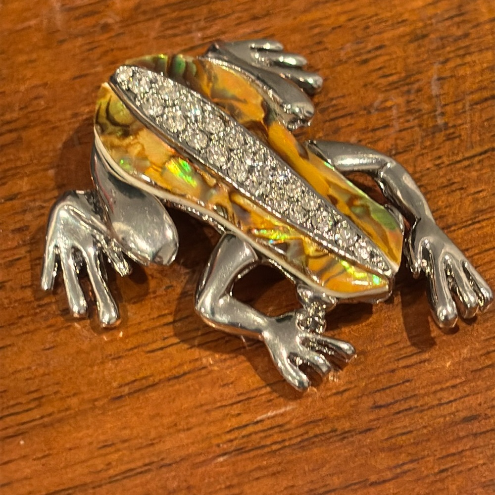 Abalone Shell Silver Tone Frog Brooch with CZ Stripe